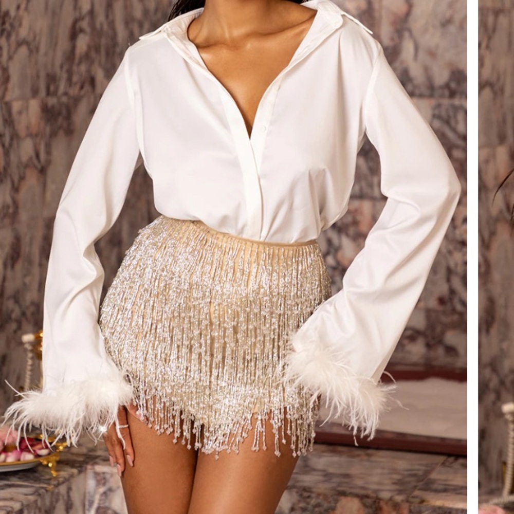 Pretty Little Thing feather trim shirt